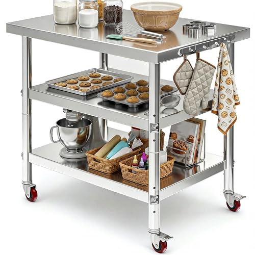 DWVO 36x24in Stainless Steel Table, NSF Metal Prep Worktable with 2 Adjustable Shelves & Wheels for Kitchen Restaurant Hotel Garage Warehouse Home