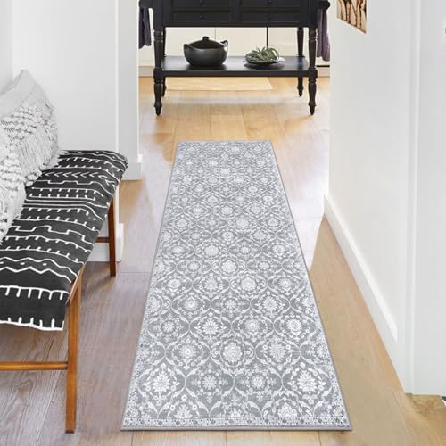 KILOCOCO 2x5 Runner Rug, Moroccan Super Soft Washable Hallway Entryway Runner Rug, Accent Print Faux Wool Kitchen Runner Rug 5 Feet Non-Slip Runners Boho Rug Runners for Bedroom, Silver Grey/Blue