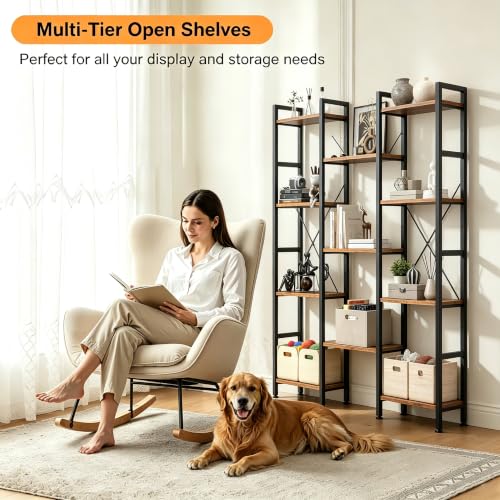 Image of HealSmart Triple Column 4 Tier Bookshelf, Industrial Bookcase with 11 Open Display Adjustable Shelves, Wide Convertible Display Modern Bookshelf for Living Room & Home Office, Brown