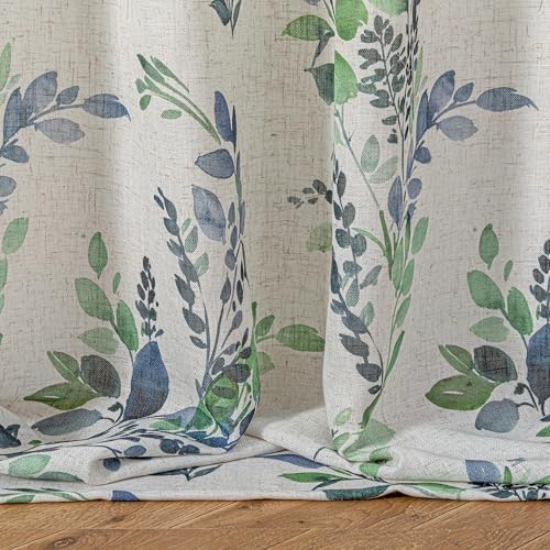 Image of MYSKY HOME Floor to Ceiling Linen Floral Curtains 95 Inch Length 2 Panels Semi Sheer Light Filtering Farmhouse Leaf Printed Window Grommet Drapes for Dining Room, 52 inch W Each Panel, Green