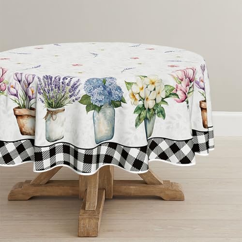 Horaldaily Spring Summer Tablecloth 70x70 Inch Round, Easter Watercolor Tulip Lavender Hydrangea Vase Blooming Floral Table Cover for Party Picnic Dinner Decor