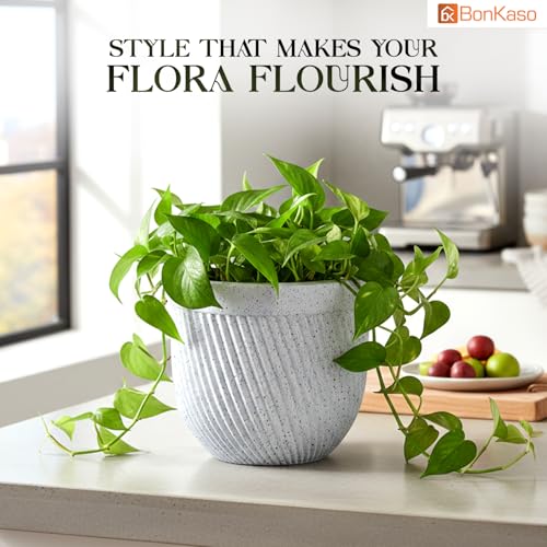 Image of Bonkaso 10 Inch Seltos Ribbed Planter for Indoor & Outdoor Use | Round Heavy Duty Polymer Flower Pot | Lightweight Weather Resistant Modern Gamla for Living Room Balcony & Terrace (White)