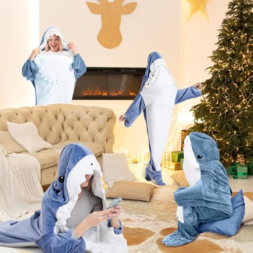 Moletom com capuz Shark Onesie - flanela macia e aconchegante, cobertor divertido para adultos, Azul