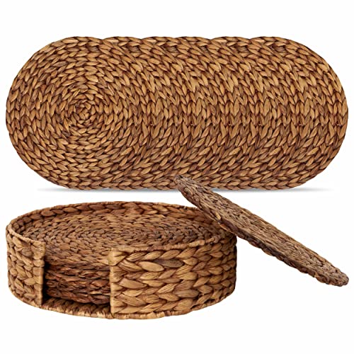 Barien 12 Inches Brown Woven Placemats Round Set Of 6 With Decorative Holder Tray, Natural Water Hyacinth Weave Placemat For Dining Table, Large Handmade Woven Placemats Heat Resistant Non-Slip #TOP7