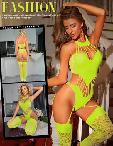 Image of GirlFriend Hot Women's Lingerie Set - Lace Babydoll Outfits 1 Piece Fishnet Bodysuit with attached Mini Skirt with Stockings Babydoll