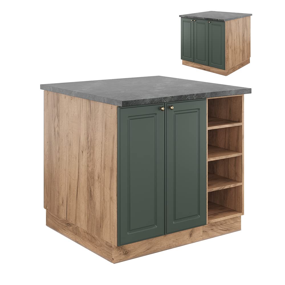 Vicco Fame-Line Kitchen Island, Green Oak and Gold/Golden Oak, 90 cm | PT-free, suitable for flexible extension with additional modules