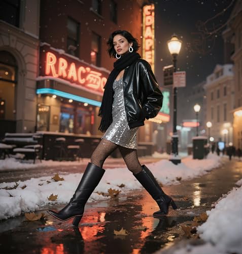 Women’s Knee High Boots-Waterproof Square Toe Chunky Block Heel Leather Boot,Wide Calf Botas Para Mujer Slip Resistant Zip Up Long Boots 6