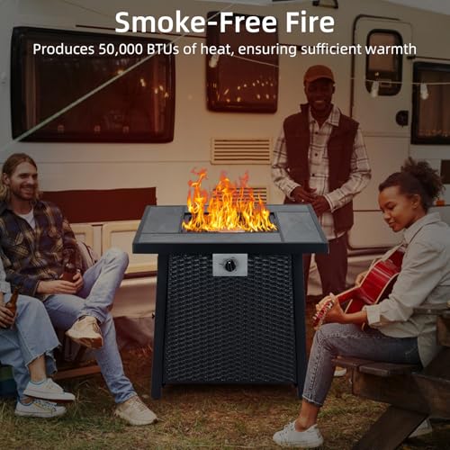 28 Inch Propane Fire Pit, CSA-Listed Outdoor Gas Fire Pit, 50,000 BTU Steel Fire Table with Lid and Lava Rock, Gas Fire Pits for Patio, Stainless Steel Burner Head for Warmth Ambiance Black