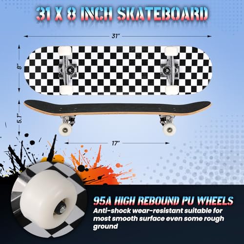 Image of Pro Complete Skateboards for Beginners Girls Boys Kids Youths Teens Adults 31 inchx8 inch Skate Boards 7 Layers Canadian Maple Double Kick Deck Concave Longboard
