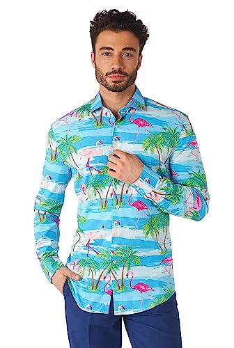 OppoSuits Herrenhemd - Tropical Flamingo Hemd mit Knöpfen - Tailliertes Hemd - Blau und Pink - Langärmliges