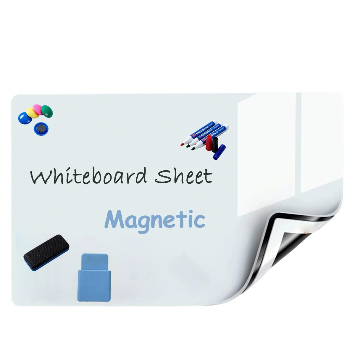Magnetic Whiteboard Sticker for Wall, Office Home Fridge Whiteboard Sheet, DIY White Board Film with 3 Pens/1 Eraser/6 Magnets for Memos Notes Lists Meal Plan (White,180x90cm)