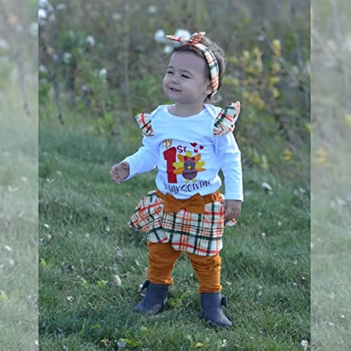 HINTINA Infant Baby Girl My First Thanksgiving Outfits Turkey Print Romper Long Pants Headband Clothes Set2