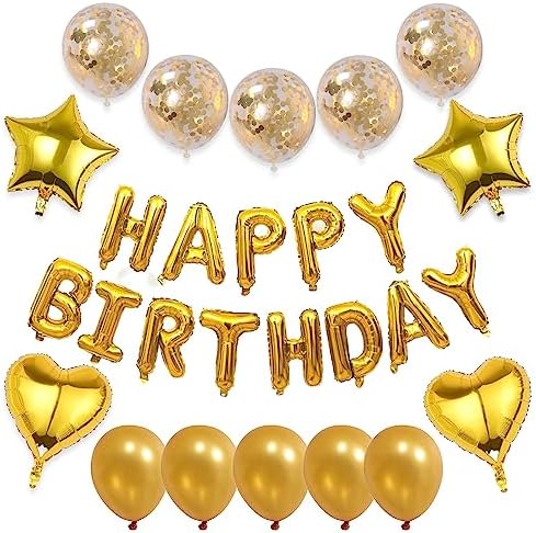 WEIKA 27 Pcs Gold Birthday Decorations, 3D Foil Happy Birthday Banner 18 Inch Pentagram Heart Foil Balloons Blue Confetti Balloons Kit For Boys Girls Birthday Party Decorations Supplies