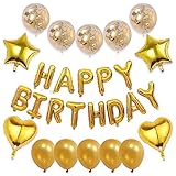 WEIKA 27 Pcs Gold Birthday Decorations, 3D Foil Happy Birthday Banner 18 Inch Pentagram Heart Foil B