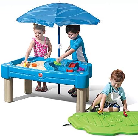 Step2 Cascading Cove Sand & Water Table with Umbrella | Kids Sand & Water Play Table with Umbrella | 6-pc Accessory Set Included, Blue