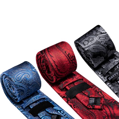 Image of Barry.Wang 6 PCS Men Ties Set Silk Business Fashion Woven Necktie Handkerchief Cufflinks Paisley Stripe Wedding Party