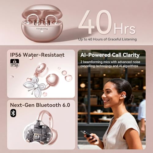 Image of Kinglucky Clip-On Open Ear Earbuds with Detachable Butterfly Earrings, Bluetooth 6.0 Wireless Headphones for Women, 40H Playtime, Comfortable Fit for Small Ears, Sports, Glasses Wearers, Rose Gold