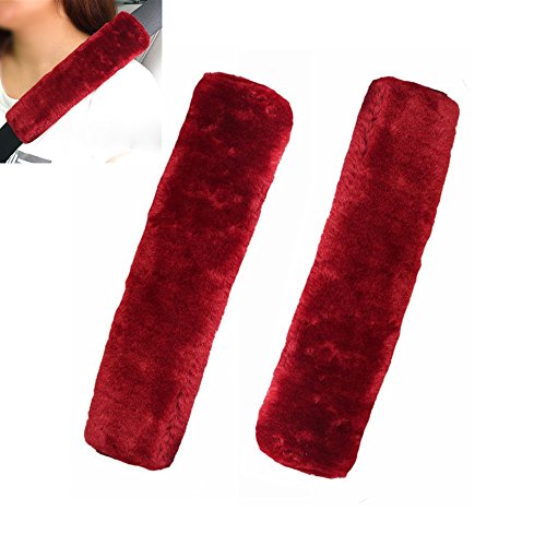 Dotesy 2 Pcs Soft Faux Sheepskin Wool Car Safety Seat Belt Pads Shoulder Strap Cover Neck Cushion (Wine Red)
