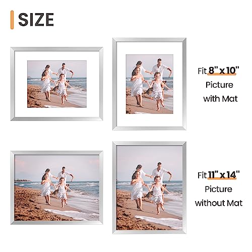 Image of upsimples 11x14 Picture Frame Set of 5, Display Pictures 8x10 with Mat or 11x14 Without Mat, Wall Gallery Photo Frames, Silver