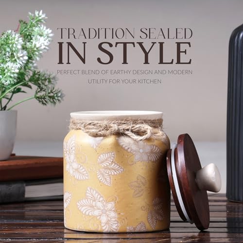 Image of Ceramic Storage Jar with Lid | Multipurpose Kitchen Storage Container for Pickle, Spices, Sugar, Tea & Snacks | Durable Airtight Canister for Home & Office (1, Yellow, Pack of 1)