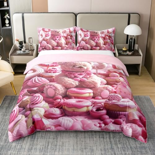 Juego de funda de edredón de dibujos animados de oso, tamaño King, rosas, macarrones, 100 % algodón orgánico, estilo femenino, funda de edredón con 2 fundas de almohada, suave (no edredón)
