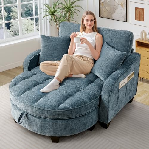 Image of Oversized Chair and A Half, Chenille Tufting Accent Cozy Reading Sofa Chair with Storage Ottoman, Upholstered Loveseat Chaise Lounge Sofa with Adjustable Back for Living Room, Office, Sunroom, Blue
