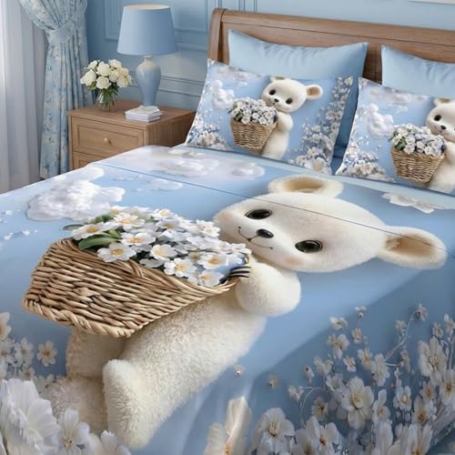 Image of 7D Fairy Tale Cozy Teddy Collection King Bedsheet 108x108 inch with 2 Pillow Covers | Good Stitching, Soft Fabric & Vibrant 7D Digital Print for Kids & Couples (Sky)