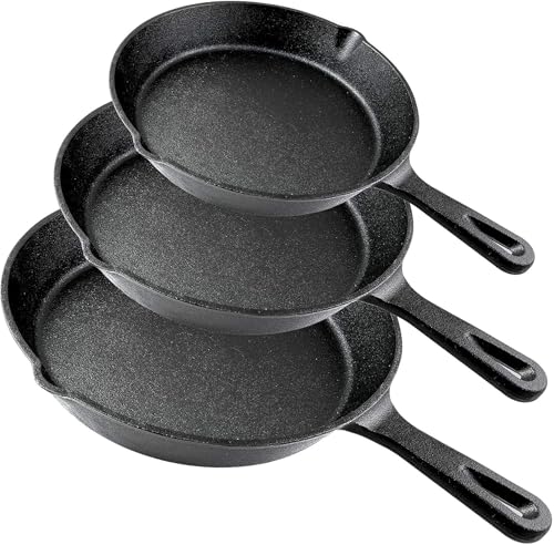 Simple Chef Cast Iron Skillet 3-Piece Set - Heavy-Duty Professional Restaurant Chef Quality Pre-Seasoned Pan Cookware Set - 10", 8", 6.1" Pans - For Frying, Saute, Cooking, Pizza & More,Black