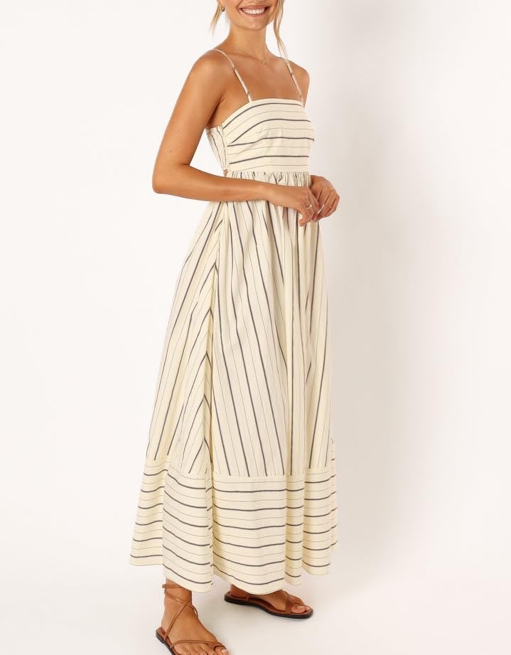 Image of KMBANGI Women Striped Sleeveless Maxi Dress Swing Patchwork Midi Dress Smocked Spaghetti Strap Colorful Long Sundress
