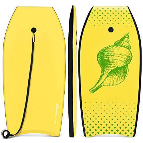 DORTALA 37” Super Lightweight Bodyboard, Body Board with EPS Core, XPE Deck, HDPE Slick Bottom and Premium Wrist Leash, for Sea, Beach, River, Pool and Water Park, Yellow
