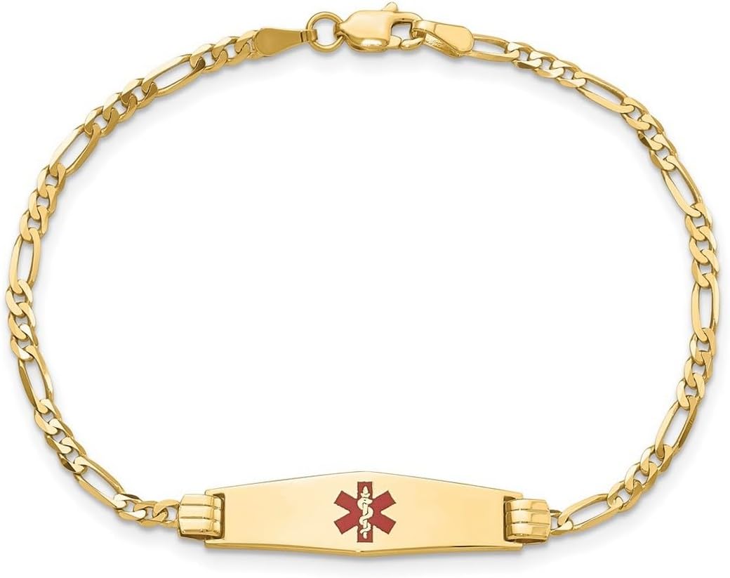 JewelryWeb 7.5mm 14k Solid Yellow Gold Medical Soft Diamond Shape Red Enamel Figaro ID Bracelet Identification Bracelet for Women