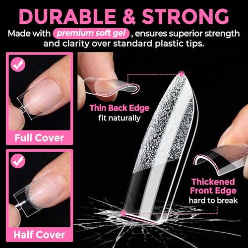 Image of UNA GELLA Extra Short Sharp Square Nail Tips 216Pcs, 12 Sizes Pre-buffed Soft Gel Nail Tips Sharp Square Half Matte Full Cover Clear Fake Nails Extensions for DIY & Salon Manicure Clear Press on Nails