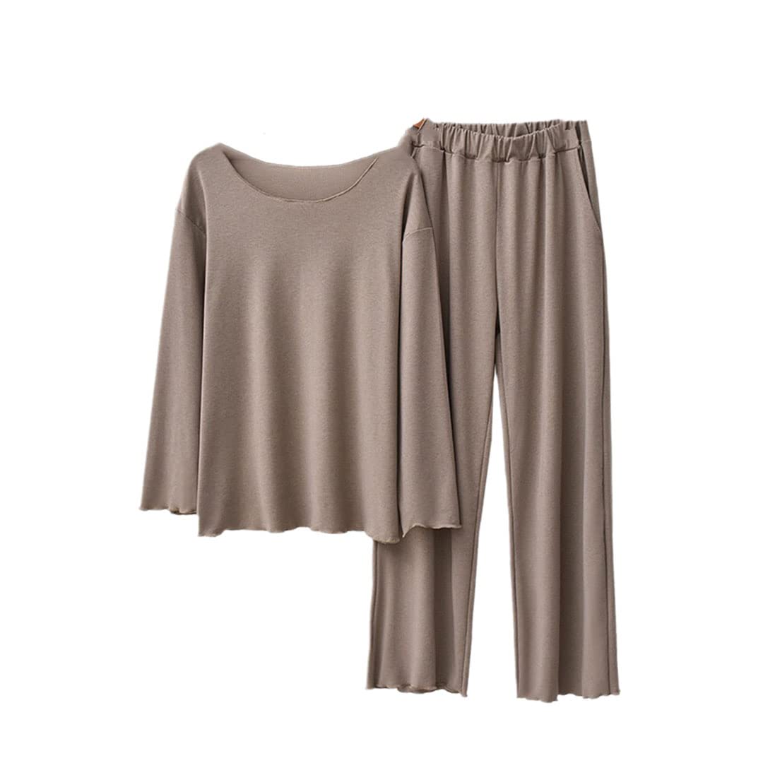 Conjunto de pijama cómodo de algodón suave y elegante con cuello redondo para mujer, moca, talla única