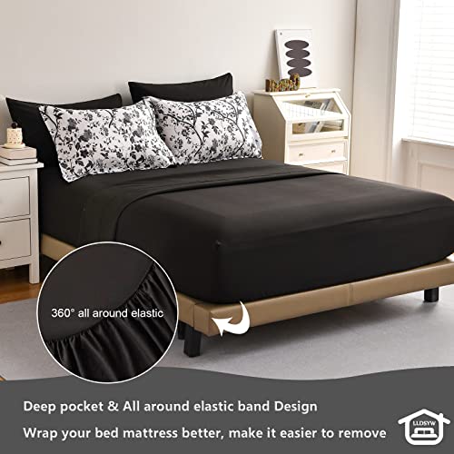 Image of King Size Comforter Set - 7 Pieces Bed in a Bag Soft Microfiber Bedding Comforter Set Leaves Floral Pattern on White Comforter Sets with Sheets for All Seasons (King, Black)