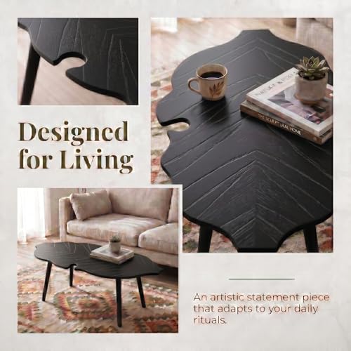 Image of HNY Modern Small Coffee Table for Living Room, Black Solid Wood Coffee Table Farmhouse Center Table, Leaf Floor Table End Table Side Table with Wood Leg Easy Assembly for Bedroom Home Office Cafe
