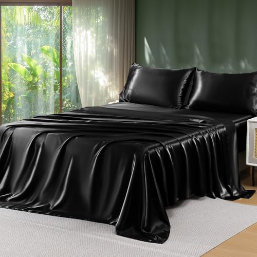 Sasttie Satin Sheets Twin XL - 3 Pieces Luxury Soft Black Silky Bed Sheets Set with Pillowcases - Smooth Silk-Like Satin Fabric, Reinforced 14 Inches Pocket, Oeko-Tex Certified