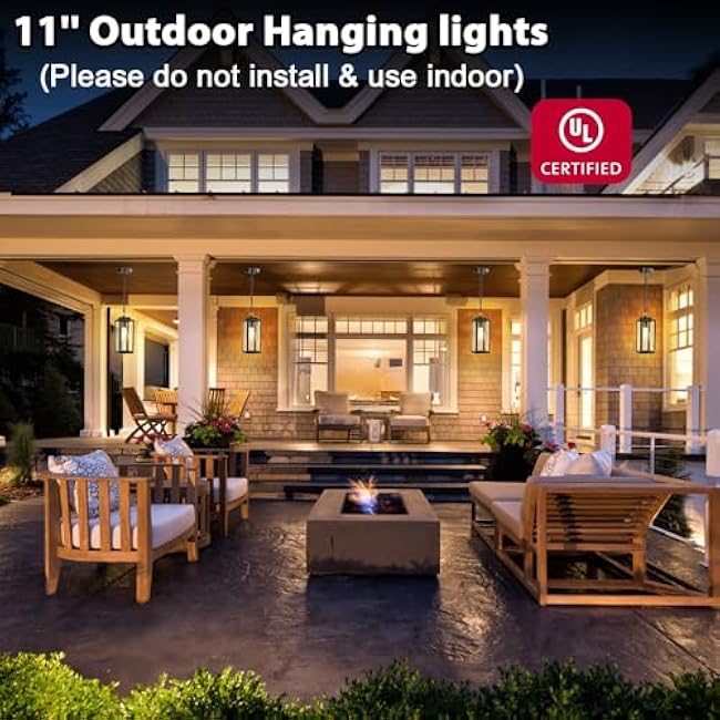 Outdoor Pendant Light, 11 Porch lights Outdoor Chandelier Hanging Ceiling Lights, Black Aluminum Lightshade with Tempered Glass, Exterior Lighting Fixture for Porch Yard Gazebo, 1 Pack, No Sensor