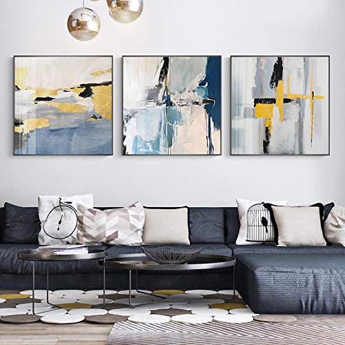 Peinture sur toile abstraite bleu jaune 50x50cm x3 | Décoration murale moderne salon minimaliste