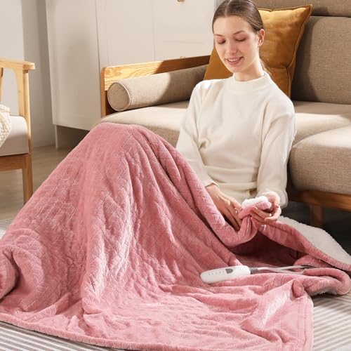 Electric Throw Blanket Heated Throw 50x60- Wheat Pattern Flannel & Sherpa Heated Lap Blanket with 5 Heat Settings & 4-Hour Auto Shut-Off ETL & FCC Certified Machine Washable Home Use Pink