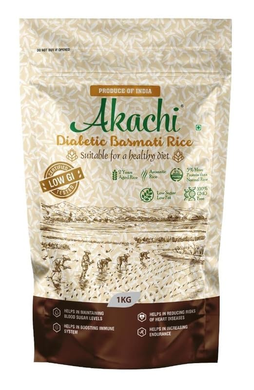 Akachi Diabetic Basmati Rice, Clinically Certified Low GI Rice | 100% GMO Free | To Manage Blood Sugar Level, for Diet & Diabetic Patients | Low Sugar | Low Fat | (2 x 1KG)