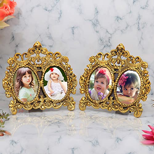 Image of Handicrafts Paradise Photo Frame Pair Antique Golden Double Picture Victorian Style In Metal 9.5 x 8.5 Inch
