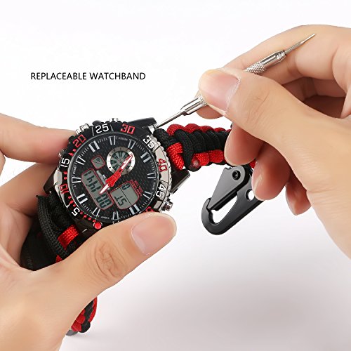 BlueStraw Men Women Survival Analog Digital Watch, Waterproof Tactical Dual Time Display Emergency Sports Adjustable Watch 5 Time Patterns 3 Interchangeable Wristbands Alarm Watch with Survival Gear