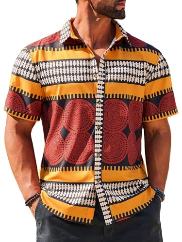 Runcati Mens Short Sleeve Shirts Button Down African Traditional Pattern Dashiki Shirt Casual Vintage Floral Hippie Tops