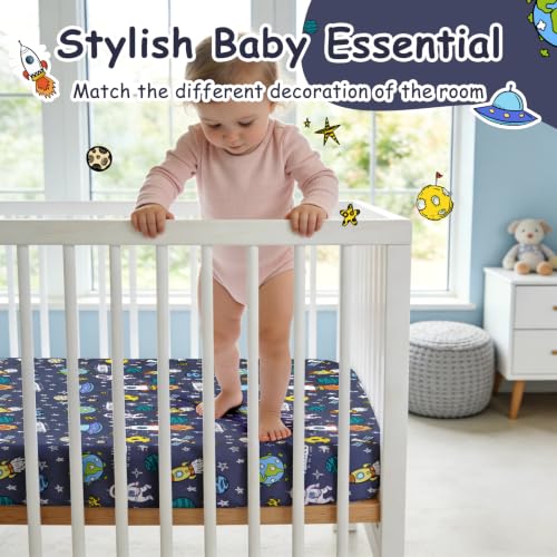 Image of JISEN Baby Fitted Crib Sheets for Boys Girls 52x28 Inch Space Navy