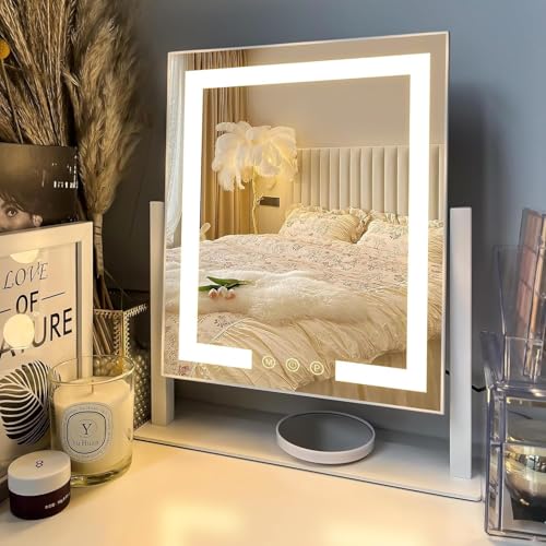 LuxeVue Miroir de Maquillage avec lumières, Miroir de Table 30x36 cm, 3 Modes d’éclairage réglables par capteur Tactile, Miroir grossissant Amovible 15X (Petit miroi Rond), Cadre en métal