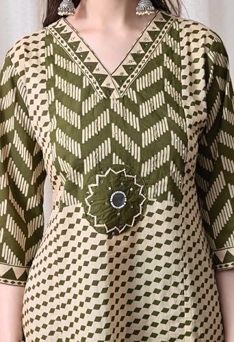 Image of MEERA FAB Women's Cotton Straight Kurta Set, Floral Print with Yoke, with Dupatta and Pants