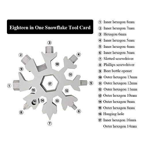 18-in-1 Snowflake Multi-Tool, Stainless Steel Snowflake Wrench, Portable Snowflake Tool Card Bottle Opener Snowflake Screwdriver for Christmas Gift，Silver