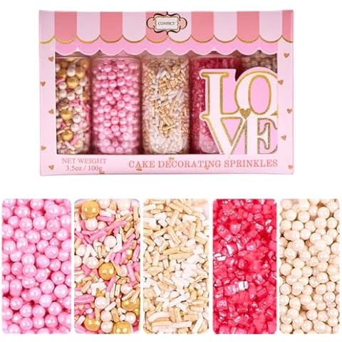 Confect Cake Decorating Sprinkles | Mix Blush Pink Silver & White Pearl Dragees | Sky Blue & Pink Jimmies | Love Pink Sparkling Sugar | Pretty in Pink Sprinkles - 3.5 Oz Cover