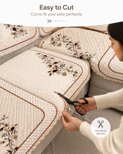 Image of Printed 7 Seater L-Shape Sofa Cover with Arm Covers, Quilted Texture, Sectional Couch Protector for Living Room-Pack of 15 (Beige)