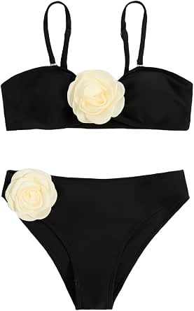 Black Rose 3D Flower Spaghetti Strap Underwire 2 Piece Bikini Set main image 0